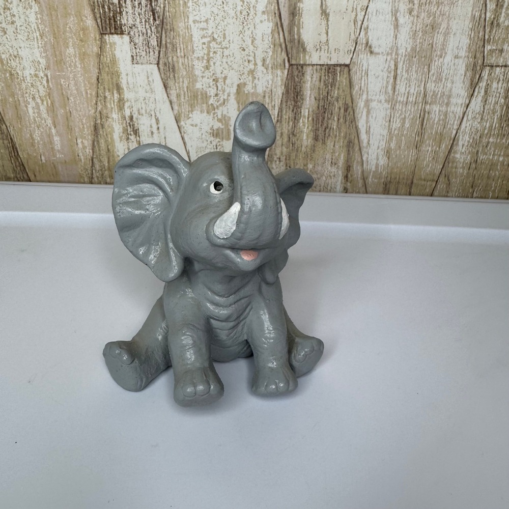 Vintage Sitting Elephant Figurine Gray Ceramic Trunk Up Collectible‎ Decor